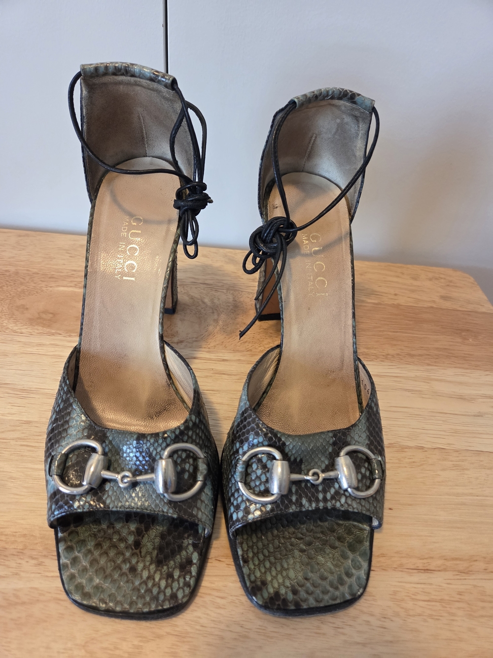 Gucci Greenish Blue Neutral Snakeskin Horsebit Ankle-Tie Heels Size 9
